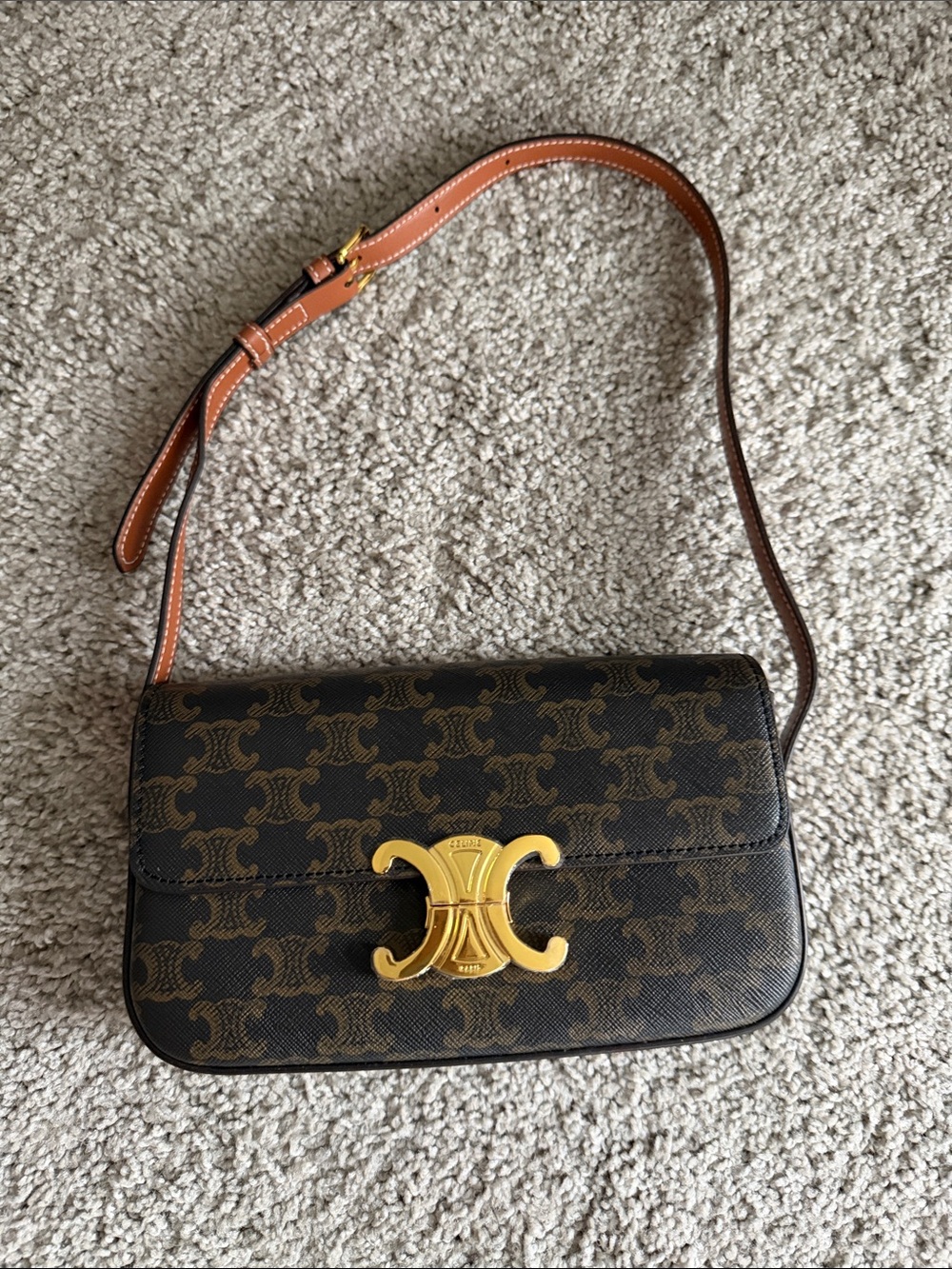 Copy Tri-Fold Logo Print Shoulder Bag with Gold Hardware - Brown
